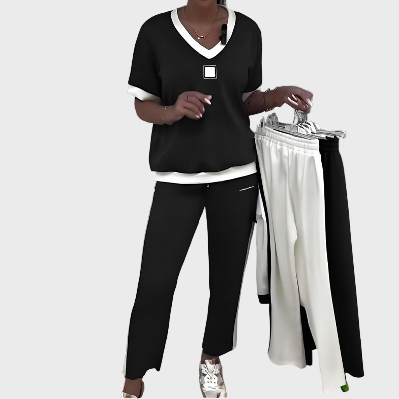 Ženski komplet s topom in V-izrezom ter hlačami