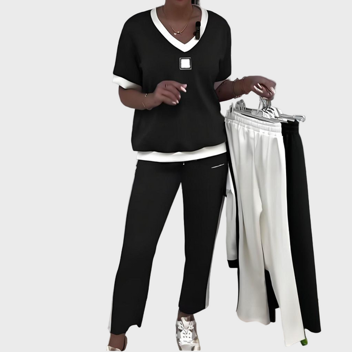 Ženski komplet s topom in V-izrezom ter hlačami
