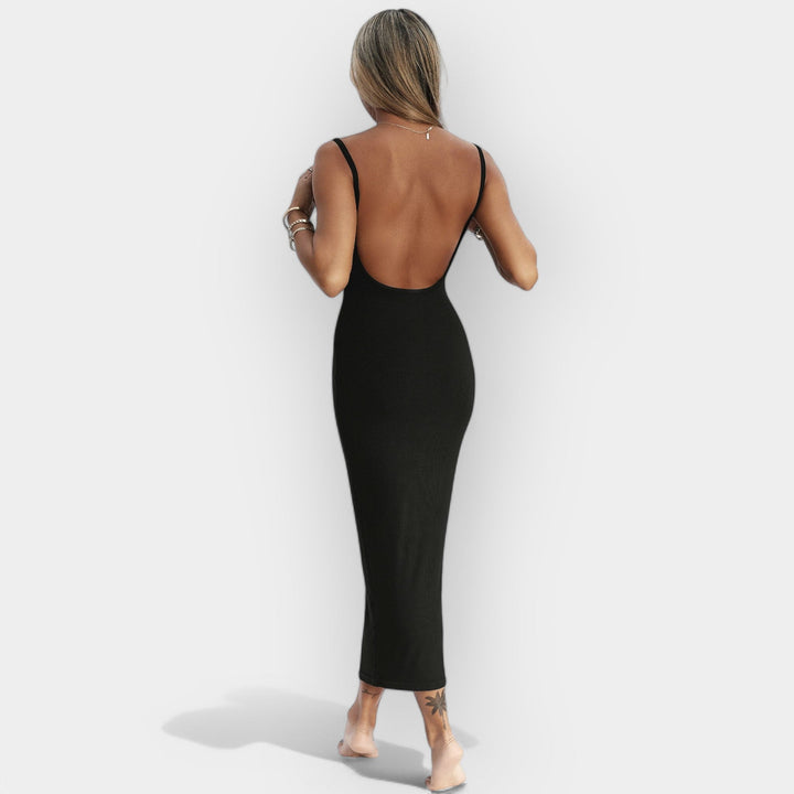 Midi obleka z odprtim hrbtom in elegantnim dizajnom