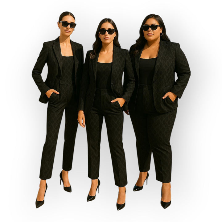 Elegantni komplet suknjiča in hlač z minimalističnim dizajnom